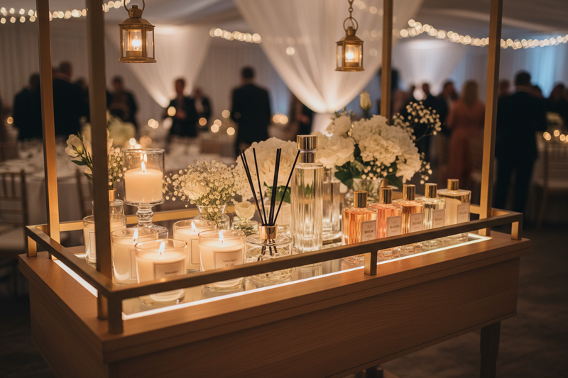 Luxury fragrance station for weddings and special events, elegant scent cart with candles and reed diffusers, light wooden cart with gold accents, scented candles in glass jars, stylish fragrance bottles, white delicate flowers, warm ambient lighting, romantic and upscale atmosphere, wedding reception or corporate event, minimalistic luxury design, realistic photography, shallow depth of field, cinematic lighting, ultra detailed, 4K